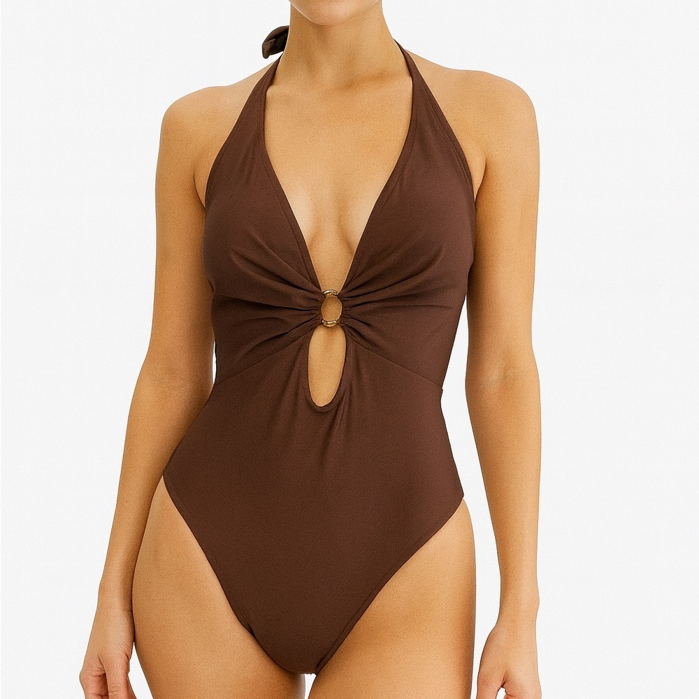 Halterneck Brown One-Piece Swimsuit with Front Ring Detail